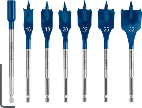 Produktbild Lieferumfang von EXPERT Self Cut Speed Flachfräsbohrer-Set, 16-32mm + Verlängerung 152 mm, 7-tlg.
