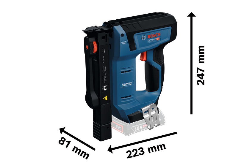 Akku-Holztacker GTH 18V-14 von Bosch mit Größenangaben.