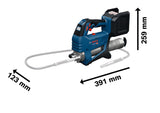 Akku-Fettpresse GFP 18V-10 von Bosch mit abgebildeten Abmessungen.