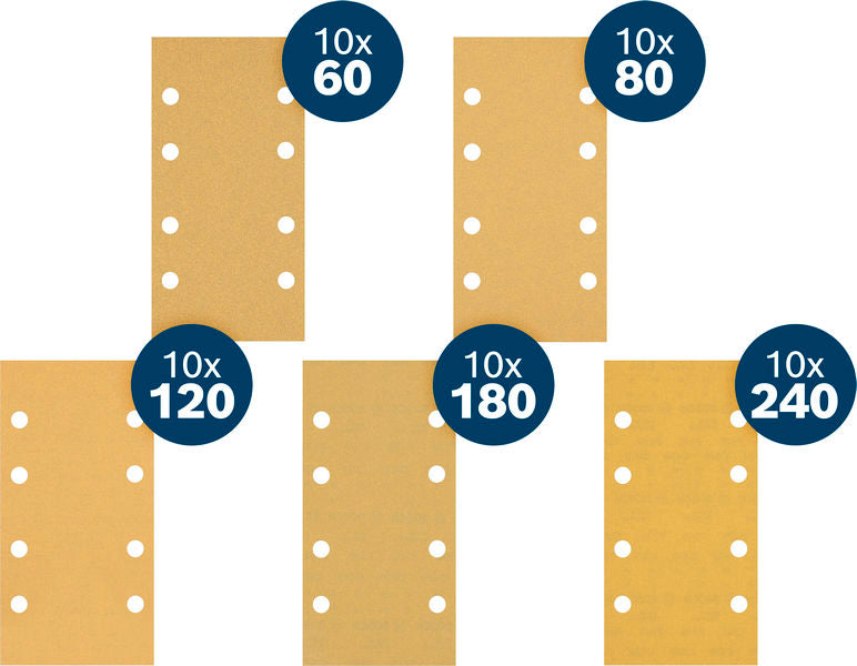 Produktbild Lieferumfang von EXPERT C470 Schleifpapier Set, 93x186mm, K60/80/120/180/240, 50-tlg.Starter Pack