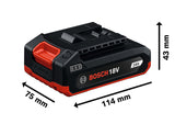 Bosch 18V 2Ah Akku mit Abmessungen.