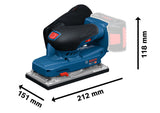 Bosch GSS18V-18 Exzenterschleifer mit abgebildeten Abmessungen.
