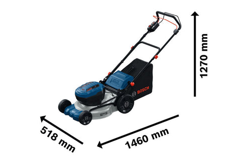 Bosch Akku-Rasenmäher GRA18V2-46SP mit Abmessungen.