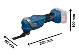 Bosch GOP18V-30 Multifunktionswerkzeug mit abgebildeten Abmessungen.