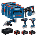Bosch 18V 4-teiliges Werkzeug-Kombiset mit Koffern und Akkus.