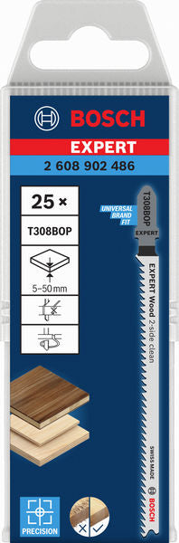 Bosch EXPERT Wood 2-seitig saubere T308BOP Stichsägeblätter, 25er-Pack.