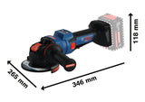 Bosch EXWX18V-15PS Winkelschleifer mit abgebildeten Abmessungen.
