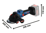 Bosch EXWS18V-15PS Winkelschleifer mit Abmessungen.