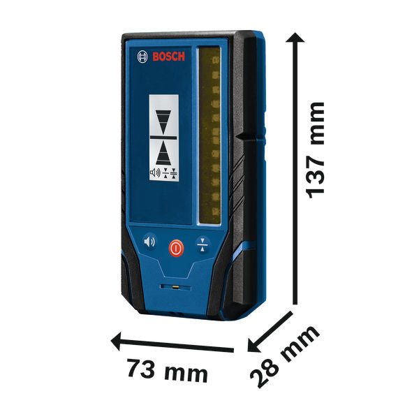 Bosch LR3-2 Laserempfänger mit den Abmessungen 137 x 73 x 28 mm.