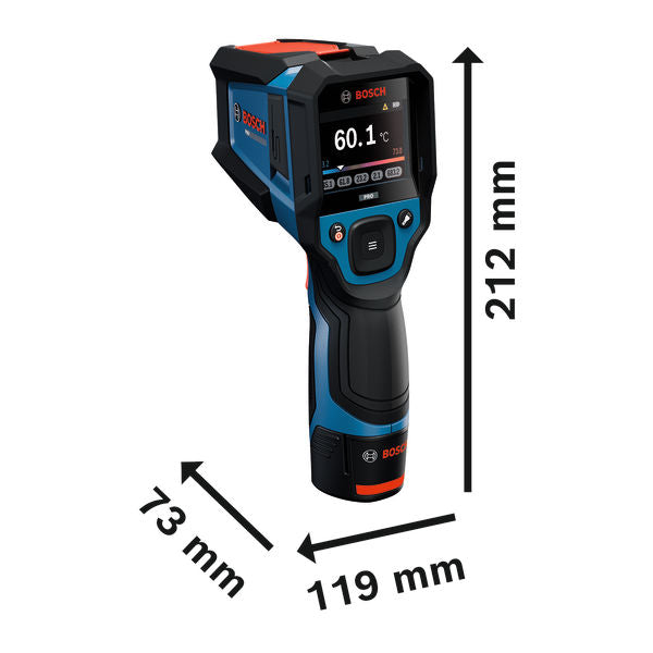 Bosch GIS12V-800-16 Wärmemelder mit Display und Abmessungen.