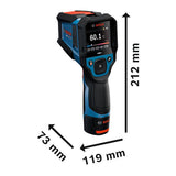 Bosch GIS12V-800-16 Wärmemelder mit Display und Abmessungen.