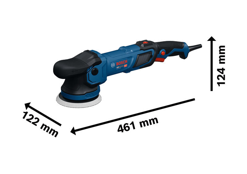 Bosch GPX9-125S Poliermaschine mit abgebildeten Abmessungen.