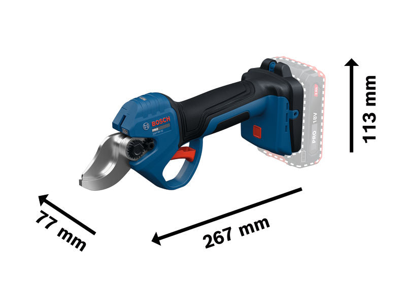 Bosch GGP18V-32 Akku-Gartenschere mit Größenangaben.