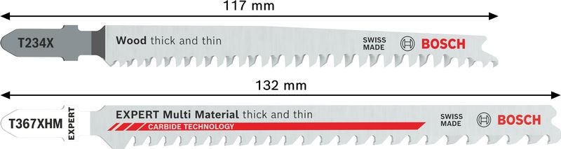 Stichsägeblätter T234X und T367XHM von Bosch für Holz und verschiedene Materialien.