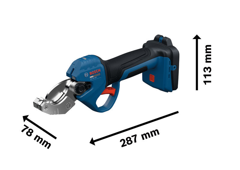 Bosch GPC18V-32P Akku-Rohrschere mit Abmessungen.