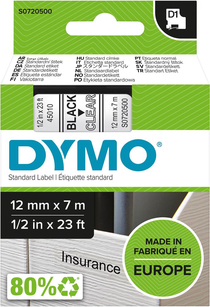 Schriftband D1 45010 schwarz/transparent 12mmx7m DYMO