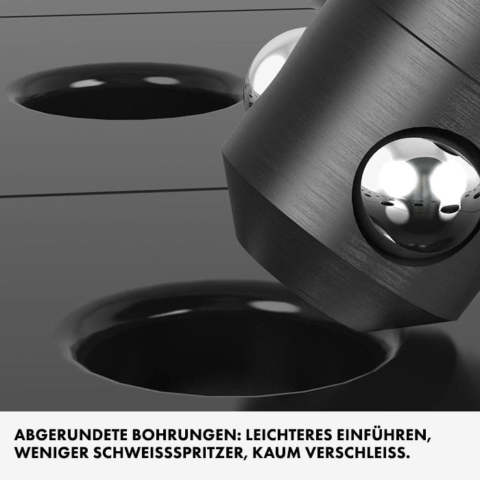 Detailansicht der abgerundeten Bohrungen eines Siegmund Schweißtischs
