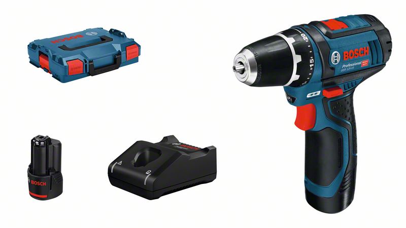 GSR 12V-15 cordless drill driver, 2 GBA 12V 2.0Ah batteries, charger and L-BOXX