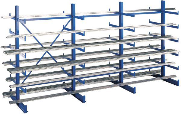 Kragarmregal K1000 B1250xT2x500xH2000 mm Grundfeld blau Tragkraft 2400kg je Seite