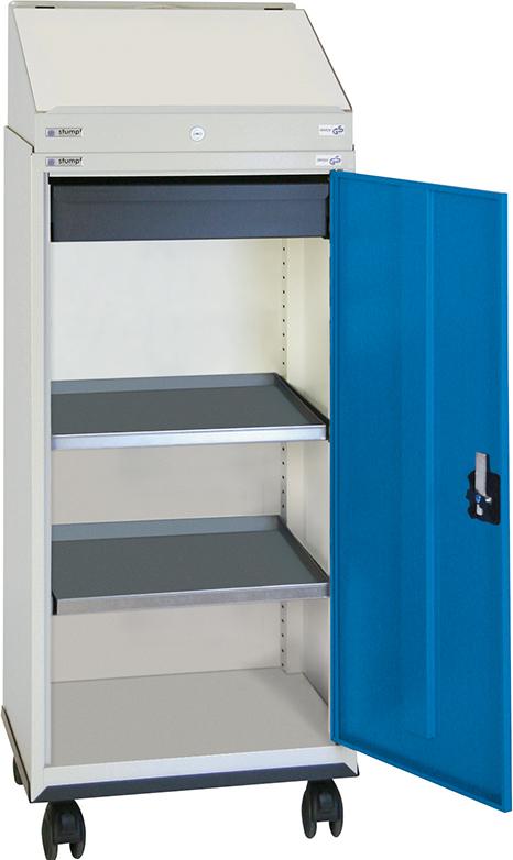 Schreibpultschrank B500xT500xH1310 mm RAL 7035/5010 1 Schublade, 2 Wannen