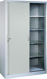 Schiebetürenschrank B1600xT600xH1950 mm RAL 7035, 8 Fachböden mit Mitteltrennwand