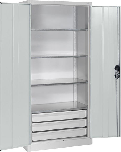 Werkzeugschrank B1200xT500xH1950 mm RAL 7035, 4 Fachböden 3 Schubladen unten