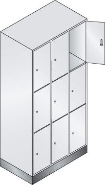 Fächerschrank Classic B900xT500xH1800 mm RAL 7035, 3x3 Fächer mit 100 mm hohem Sockel