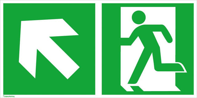 Escape route sign aluminum W300xH150 mm Emergency exit right with arrow left up photoluminescent