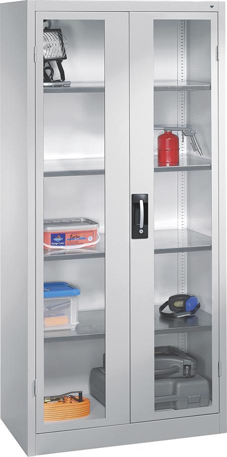 Werkzeugschrank B930xT500xH1950 mm RAL 7035, 4 Fachböden Türen mit Sichtfenster