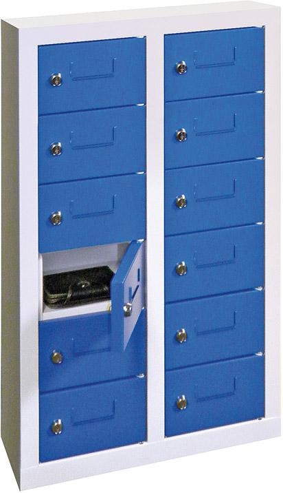 Kleinfach-Wandschrank H815xB460xT200 mm 2x6 Fächer RAL7035/5012 Türen mit Etikettenrahmen