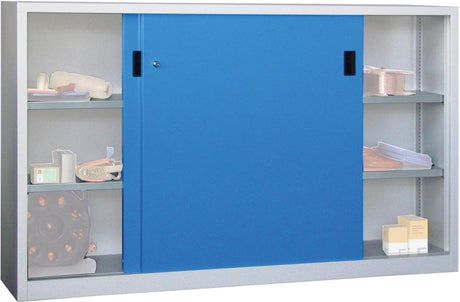 Schiebetürenschrank B2000xT600xH1200 mm 4 Böden verz. Mittelwand RAL 7035/5012