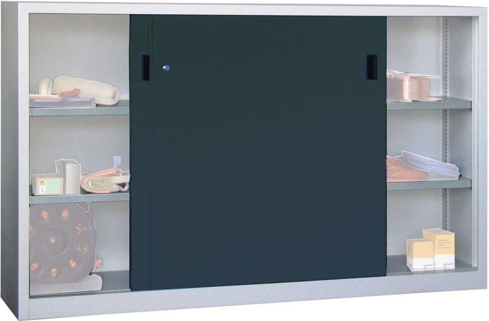 Schiebetürenschrank B2000xT600xH1200 mm 4 Böden verz. Mittelwand RAL 7035/7016