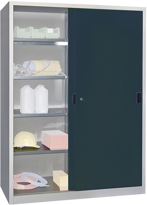 Schiebetürenschrank B1500xT500xH1950 mm 8 Böden verz. Mittelwand RAL 7035/7016